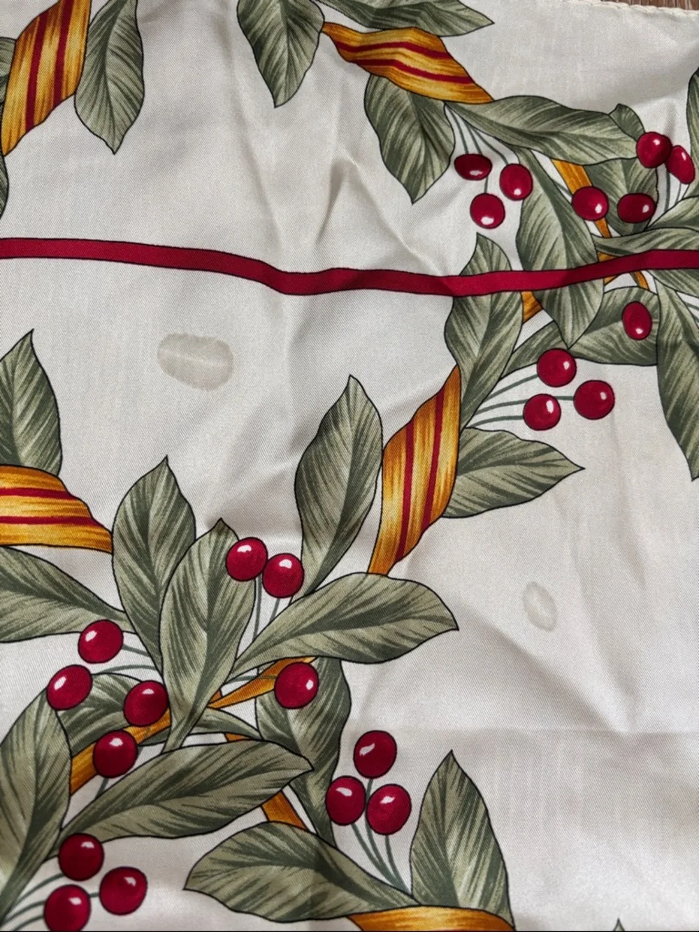 Vintage Oscar de la Renta Silk Scarf, Cream Holly Berry Holiday Print 34